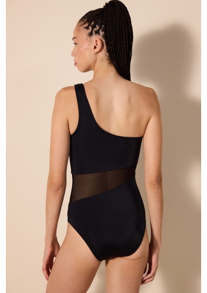 Shay Tek Omuz Mesh Detaylı Siyah Mayo