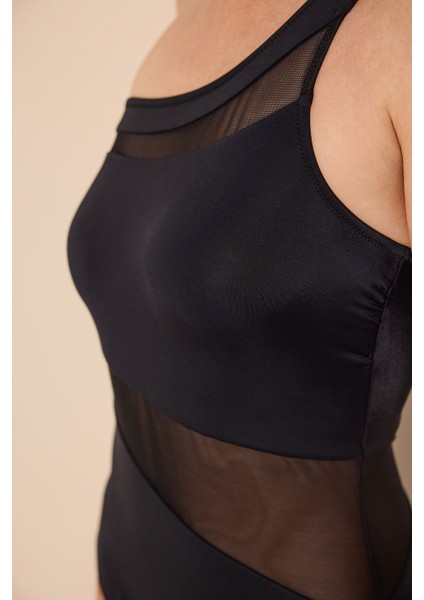 Shay Tek Omuz Mesh Detaylı Siyah Mayo