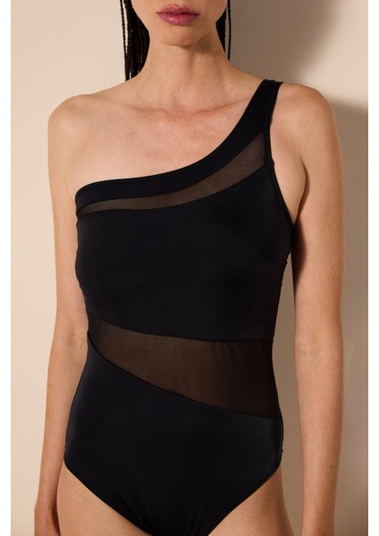 Shay Tek Omuz Mesh Detaylı Siyah Mayo