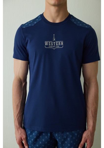 Indigo Erkek Western Sloganlı Kısa Kollu Pamuklu Pijama Takımı