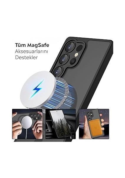 Samsung Için Kılıf Kamera Korumalı Mag-Safe Wireless Şarj Özellikli Mat Şeffaf Renkli Kılıf (Siyah, Galaxy S25 Ultra) indirimleri