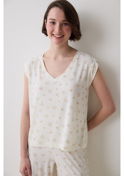 Bloom Printed Ekru Tişört Pijama Üstü