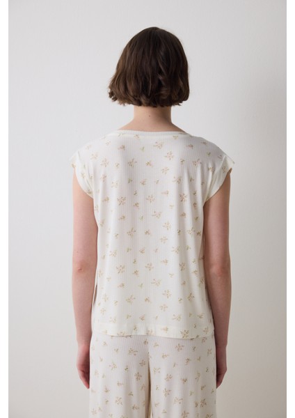 Bloom Printed Ekru Tişört Pijama Üstü