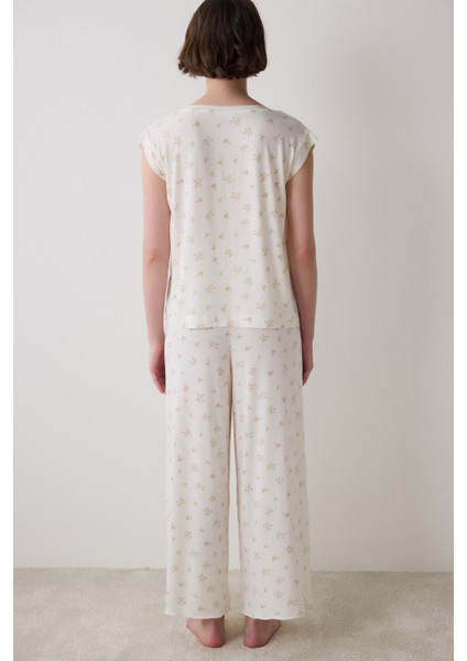 Bloom Printed Ekru Tişört Pijama Üstü