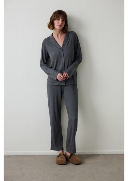 Gri Melanj Fitilli Gömlek Yaka Uzun Kollu Pijama Takımı