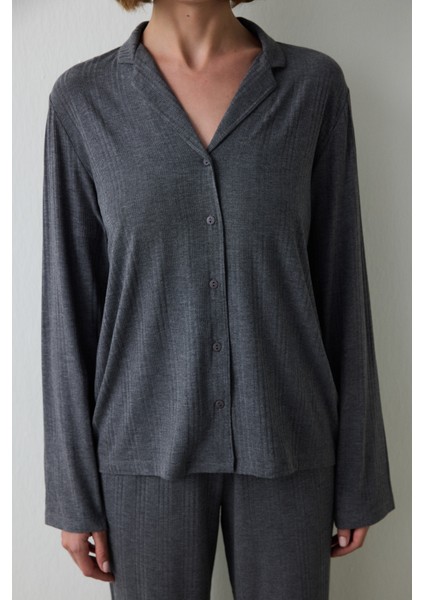 Gri Melanj Fitilli Gömlek Yaka Uzun Kollu Pijama Takımı