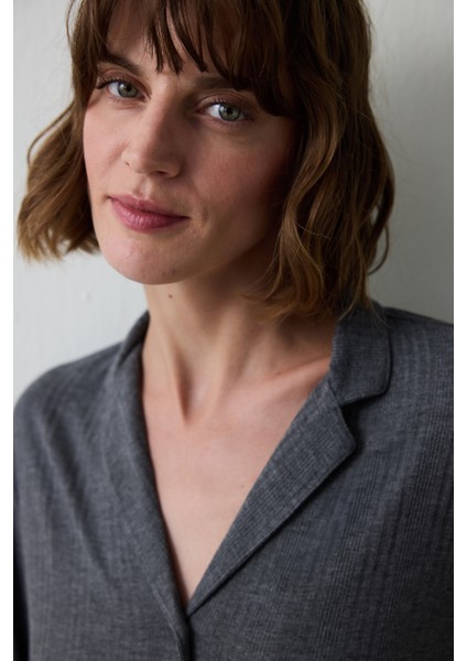 Gri Melanj Fitilli Gömlek Yaka Uzun Kollu Pijama Takımı