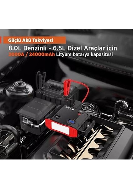 Jstar 5 24000MAH 2000A Jump Starter + Lastik Şişirme Pompası Taşınabilir Akü Takviye Cihazı (Çanta + LCD Ekran + Powerbank + LED Lamba) modelleri