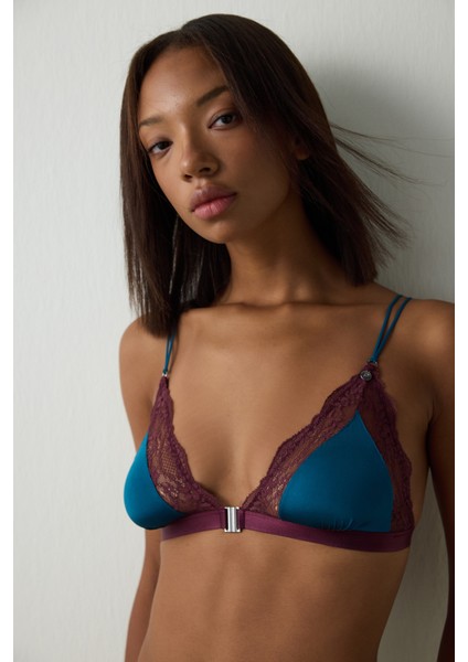 Petrol Yeşili Dantelli Balensiz Dolgusuz Üçgen Sütyen