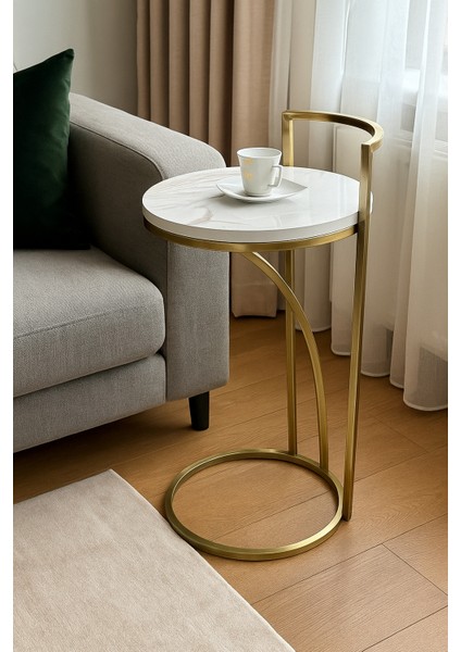 Vip Koltuk Içine Giren C Yan Sehpa Metal Iskelet Ahşap Beyaz Mermer Desenli Tabla modelleri