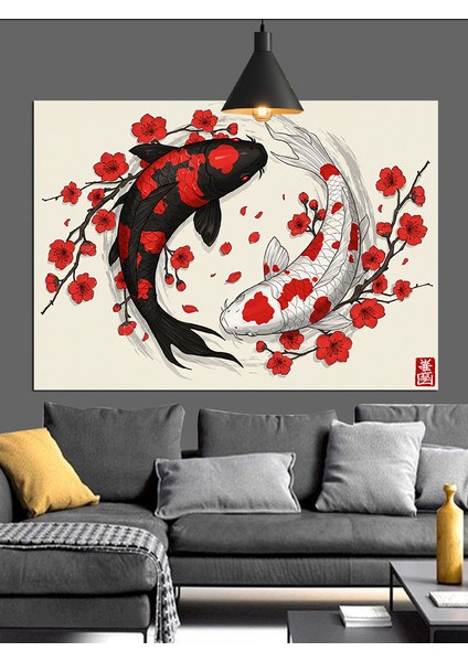 Kırmızı Güle Sarılı Koi Balığı Dekoratif Kanvas - Mdf Ahşap Tablo