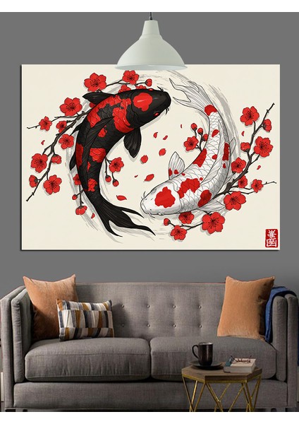 Kırmızı Güle Sarılı Koi Balığı Dekoratif Kanvas - Mdf Ahşap Tablo fiyatları