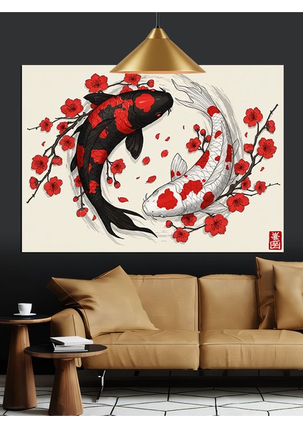 Kırmızı Güle Sarılı Koi Balığı Dekoratif Kanvas - Mdf Ahşap Tablo indirimleri