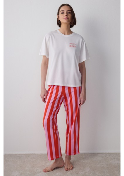 Mercan Chill Day Bisiklet Yaka Çizgili Pamuklu Kısa Kol Pijama Takımı