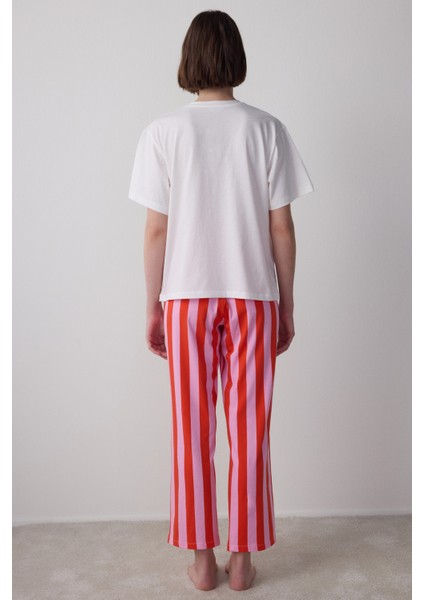 Mercan Chill Day Bisiklet Yaka Çizgili Pamuklu Kısa Kol Pijama Takımı