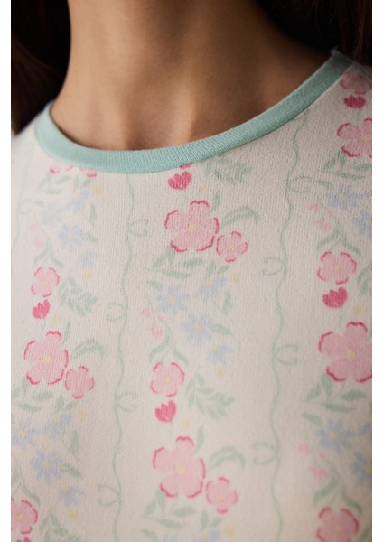 Gardenya Cute Flowers Termal Etkili Bisiklet Yaka Uzun Kollu Pijama Üstü