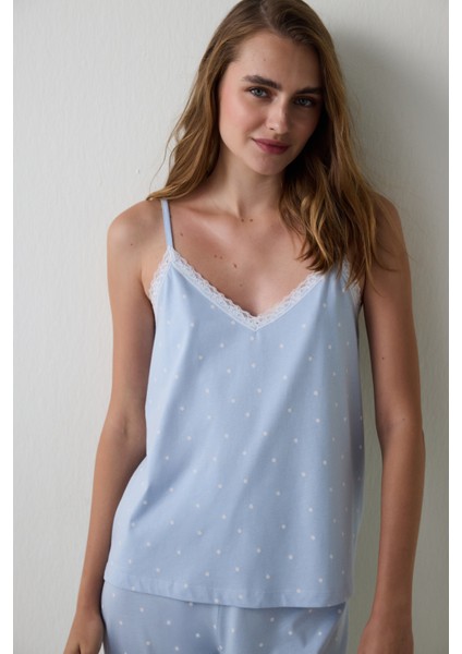 Açık Mavi Mia Puantiyeli Dantelli V Yaka Pamuklu Pijama Takımı