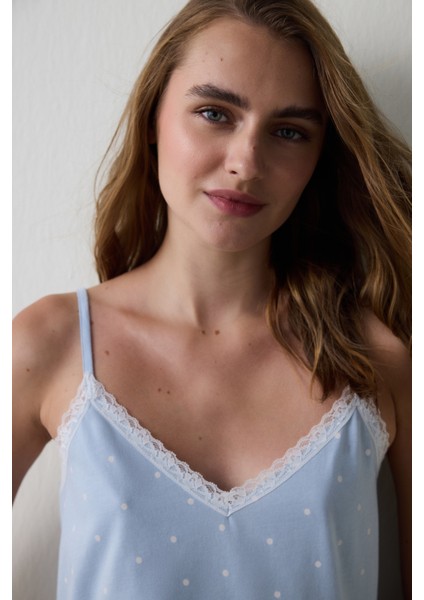 Açık Mavi Mia Puantiyeli Dantelli V Yaka Pamuklu Pijama Takımı