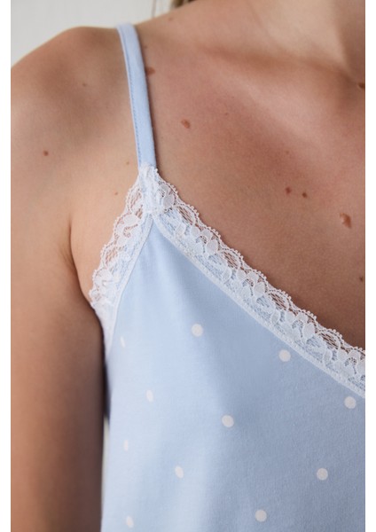 Açık Mavi Mia Puantiyeli Dantelli V Yaka Pamuklu Pijama Takımı