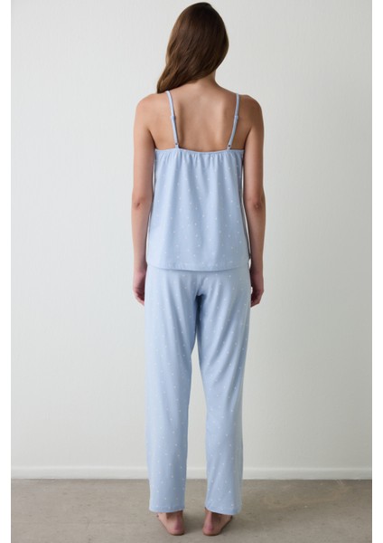 Açık Mavi Mia Puantiyeli Dantelli V Yaka Pamuklu Pijama Takımı