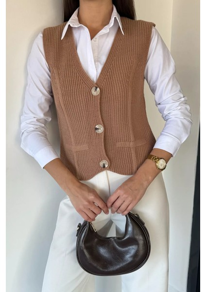 Kadın V Yaka Ön Düğmeli Triko Yelek P-00019004 fiyatları