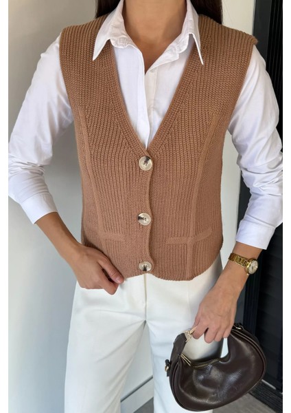 Kadın V Yaka Ön Düğmeli Triko Yelek P-00019004 modelleri