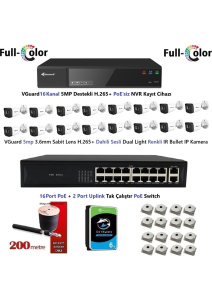 Nif Bilişim Vguard 5mp Dahili Sesli ve Gece Renkli 16 Kameralı Tak Çalıştır Hazır Ip Kamera Seti 6tb Disk