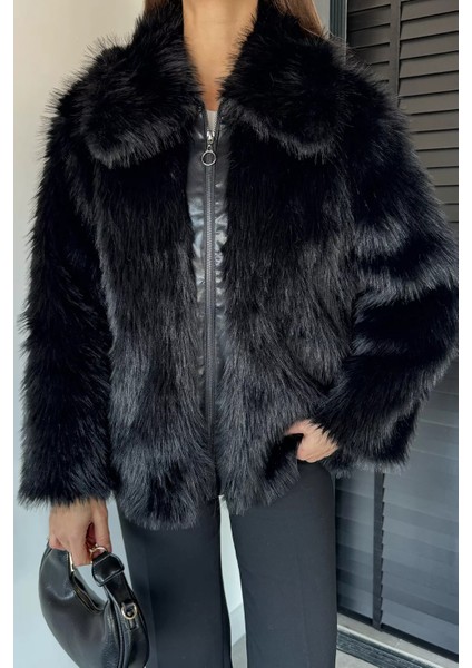 Kadın Ön Fermuarlı Saçaklı Kürklü Mont P-00018972