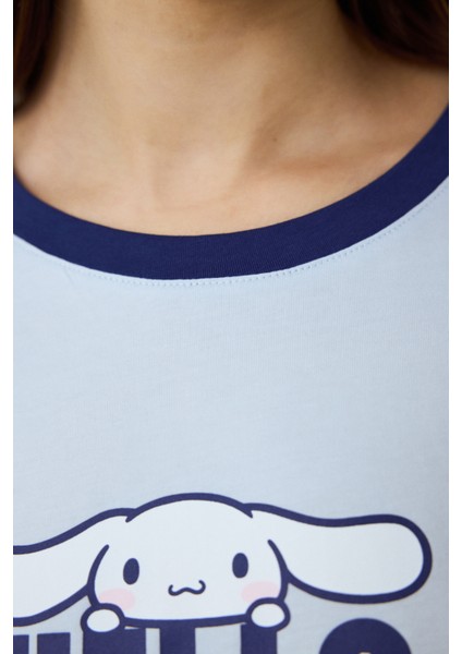 Açık Mavi Sanrio Happy Friends Bisiklet Yaka Pamuklu Kısa Kollu Şortlu Pijama Takımı