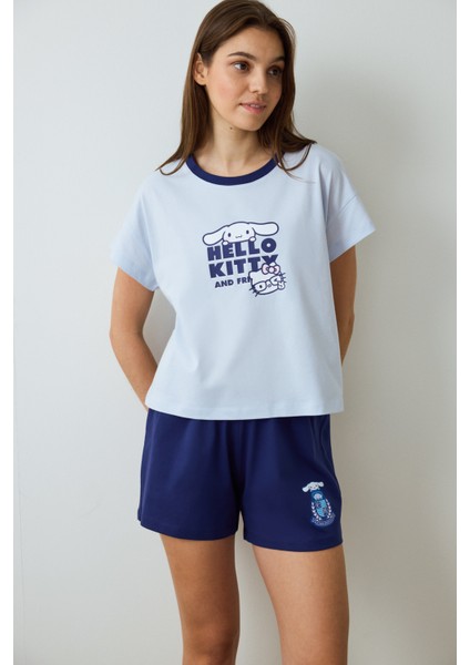 Açık Mavi Sanrio Happy Friends Bisiklet Yaka Pamuklu Kısa Kollu Şortlu Pijama Takımı