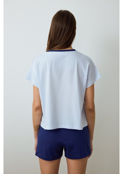 Açık Mavi Sanrio Happy Friends Bisiklet Yaka Pamuklu Kısa Kollu Şortlu Pijama Takımı