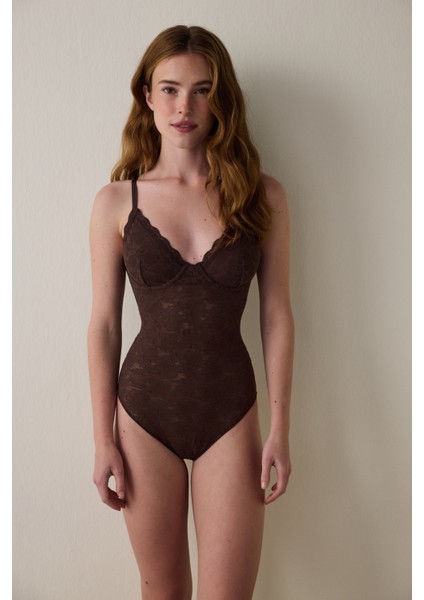 Kahverengi Çiçekli Dantelli Balenli Body