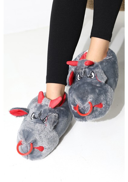 Hayvanlı B20 Boğa Modelli Kışlık Kadın Erkek Panduf Ev Içi Sessiz Taban Panduf modelleri