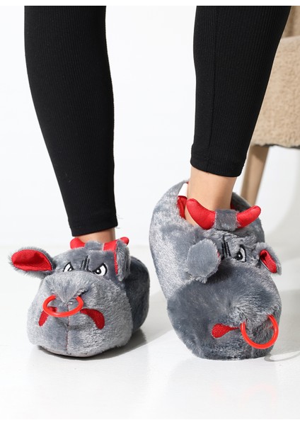 Hayvanlı B20 Boğa Modelli Kışlık Kadın Erkek Panduf Ev Içi Sessiz Taban Panduf