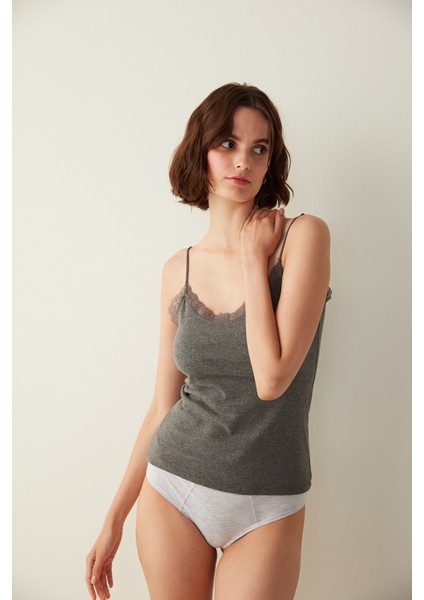 Antrasit İnce Askılı Dantel Detaylı Atlet