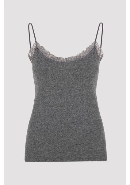 Antrasit İnce Askılı Dantel Detaylı Atlet