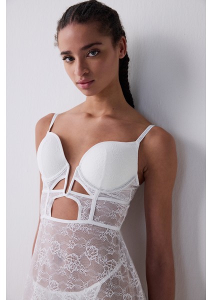 Deep Dekolte Taşlı Kırık Beyaz Gecelik