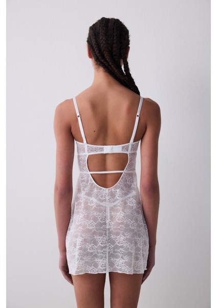 Deep Dekolte Taşlı Kırık Beyaz Gecelik