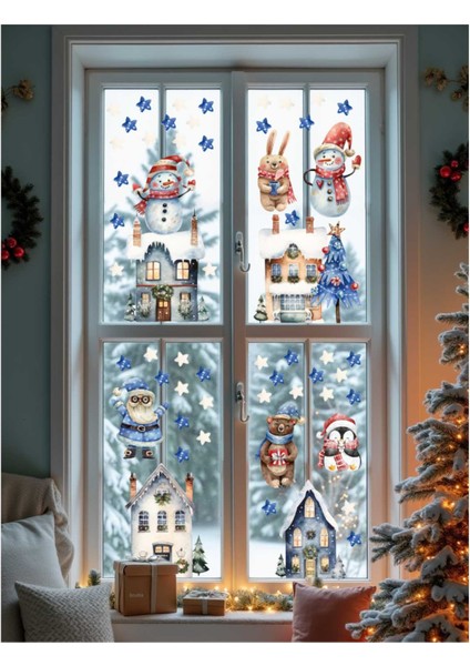 Kardan Adam ve Masalsı Evler Sticker Seti, Yılbaşı Sticker Seti, Yılbaşı Cam ve Duvar Sticker Seti