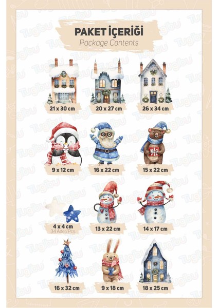 Kardan Adam ve Masalsı Evler Sticker Seti, Yılbaşı Sticker Seti, Yılbaşı Cam ve Duvar Sticker Seti modelleri
