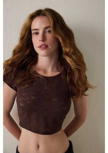 Kahverengi Bisiklet Yaka Dantelli Crop Üst