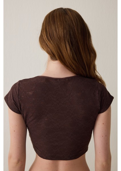 Kahverengi Bisiklet Yaka Dantelli Crop Üst