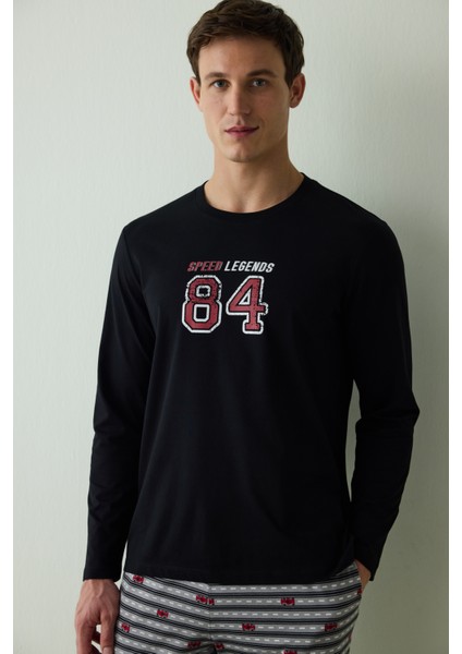 Erkek Speed Slogan Baskılı Pamuklu Pijama Takımı