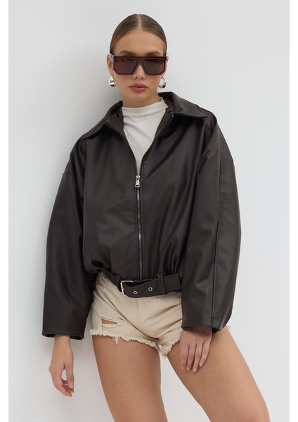 Kadın Oversize Deri Ceket– Oversize Relax Fit, Fermuarlı Kemer Detaylı Günlük Kadın Ceket