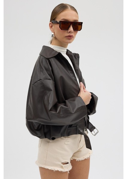 Kadın Oversize Deri Ceket– Oversize Relax Fit, Fermuarlı Kemer Detaylı Günlük Kadın Ceket fiyatları