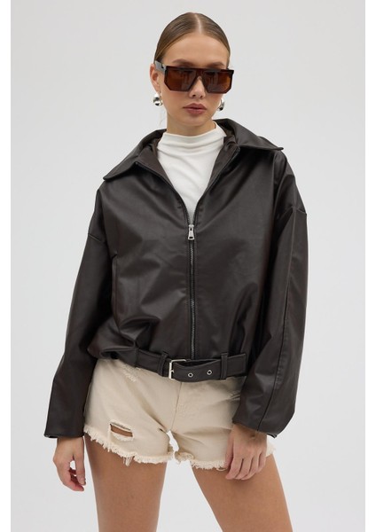 Kadın Oversize Deri Ceket– Oversize Relax Fit, Fermuarlı Kemer Detaylı Günlük Kadın Ceket fırsatları