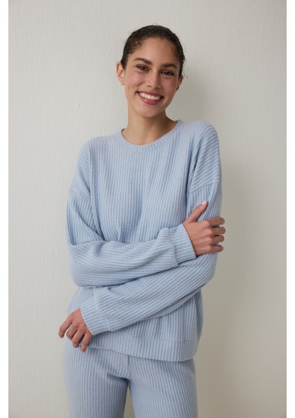 Açık Mavi Bisiklet Yaka Uzun Kollu Waffle Termal Etkili Pijama Takımı