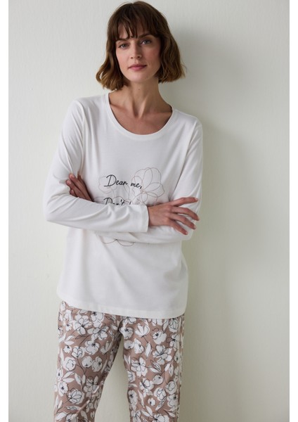 Dear Me Slogan Baskılı Bisiklet Yaka Uzun Kollu Pamuklu Pijama Takımı