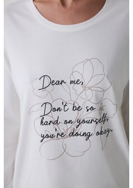 Dear Me Slogan Baskılı Bisiklet Yaka Uzun Kollu Pamuklu Pijama Takımı