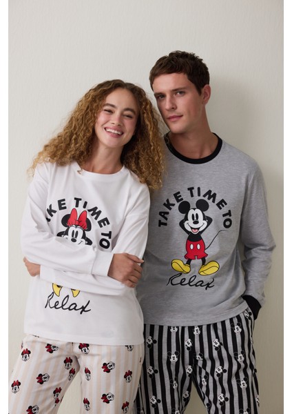 Optik Beyaz Mickey Mouse Baskılı Pamuklu Uzun Kollu Pijama Takımı
